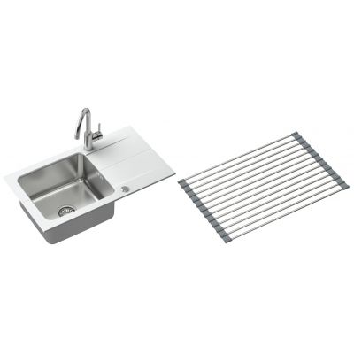 Zestaw  Quadron Edward 111 zlewozmywak 78x44 cm alabaster/stal z baterią Kate i matą ociekową (FUSE7844BI3623500BS, R3825GRMP)