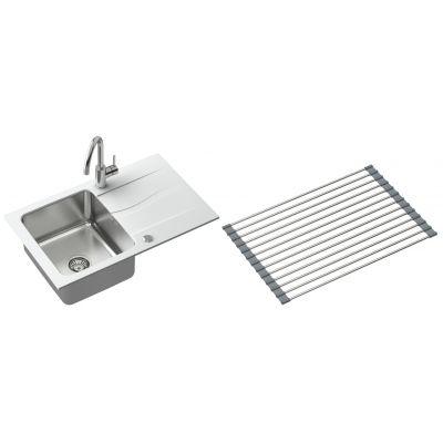 Zestaw Quadron Michael 111 zlewozmywak 78x48 cm alabaster/stal z baterią Kate i matą ociekową (FUSM7848BI3623500BS, R3825GRMP)