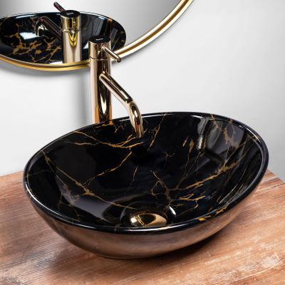 Rea Sofia Marble umywalka 41x34,5 cm owalna nablatowa czarna-złota REA-U5611