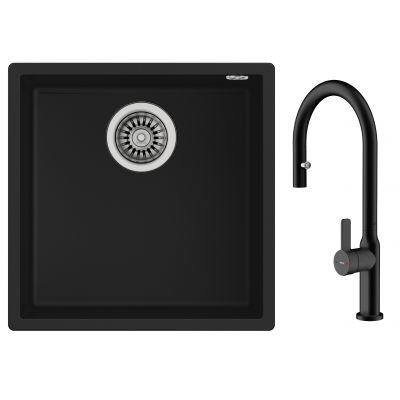 Zestaw Teka Square zlewozmywak Tegranit 44x44 cm czarny z baterią kuchenną Teka Oval czarna (115230025, 116020015)