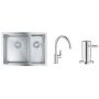 Zestaw Grohe K700 zlewozmywak stalowy 59,5x45 cm satyna z baterią kuchenną Start Edge chrom i dozownikiem płynów Cosmopolitan 500 ml (31577SD1, 30529001, 40535000) zdj.1
