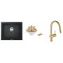 Zestaw Grohe K700 zlewozmywak granitowy 53,3x45,7 cm czarny z baterią kuchenną Grohe Minta i odpływ złoty (31654AP0, 40997GN0, 32321GN2) zdj.1