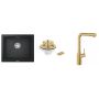 Zestaw Grohe K700 zlewozmywak granitowy 53,3x45,7 cm czarny z baterią kuchenną Essence i odpływ złoty (31654AP0, 40997GN0, 30270GN0) zdj.1