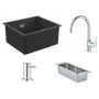 Zestaw Grohe K700 zlewozmywak granitowy czarny z baterią kuchenną Bauloop z dozownikiem i wkładką ociekową stal (31653AP0, 31368001, 40535000, 40852SD0) zdj.1