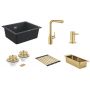 Zestaw Grohe K700 zlewozmywak granitowy czarny z baterią kuchenną Essence, dozownikiem mydła, zestawem odpływowym, ociekaczem i wkładką ociekową Brushed Cool Sunrise (31654AP0, 30270GN0, 40535GN0, 40997GN0, 40856GN0, 40852GN0) zdj.1