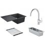 Zestaw Grohe K400 zlewozmywak granitowy czarny z baterią kuchenną Bauloop, z ociekaczem i wkładką ociekową stal (31639AP0, 31368001, 40854SD0, 40853SD0) zdj.1