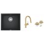 Zestaw Grohe K700 zlewozmywak granitowy czarny z baterią kuchenną Minta Brushed Cool Sunrise i zestawem odpływowym (40997GN0, 31653AP0, 32321GN2) zdj.1