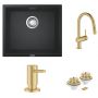 Zestaw Grohe K700 zlewozmywak granitowy czarny z baterią kuchenną Minta Brushed Cool Sunrise z dozownikiem Cosmopolitan i odpływem (31653AP0, 32321GN2, 40535GN0, 40997GN0) zdj.1