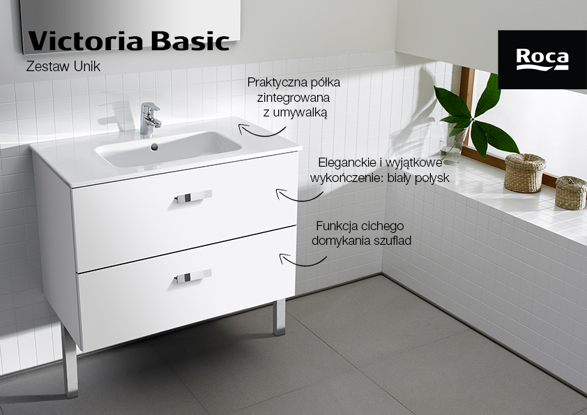 Roca Victoria Basic Unik zestaw łazienkowy 70 cm umywalka z szafką biały połysk A855853806