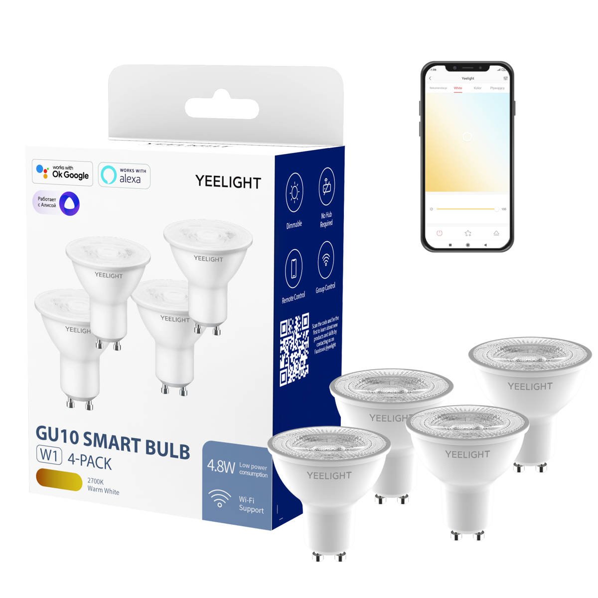 Yeelight Smart LED Bulb inteligentna żarówka LED 4x4,8 W 2700 K GU10 YLDP004-4pcs