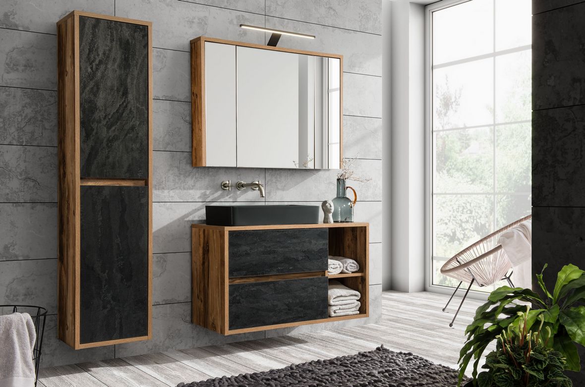 Comad Hampton Concrete szafka 100 cm podumywalkowa wisząca z blatem Ciemny Beton/Dąb Hunton HAMPTONCONCRETE824-100BLFSC