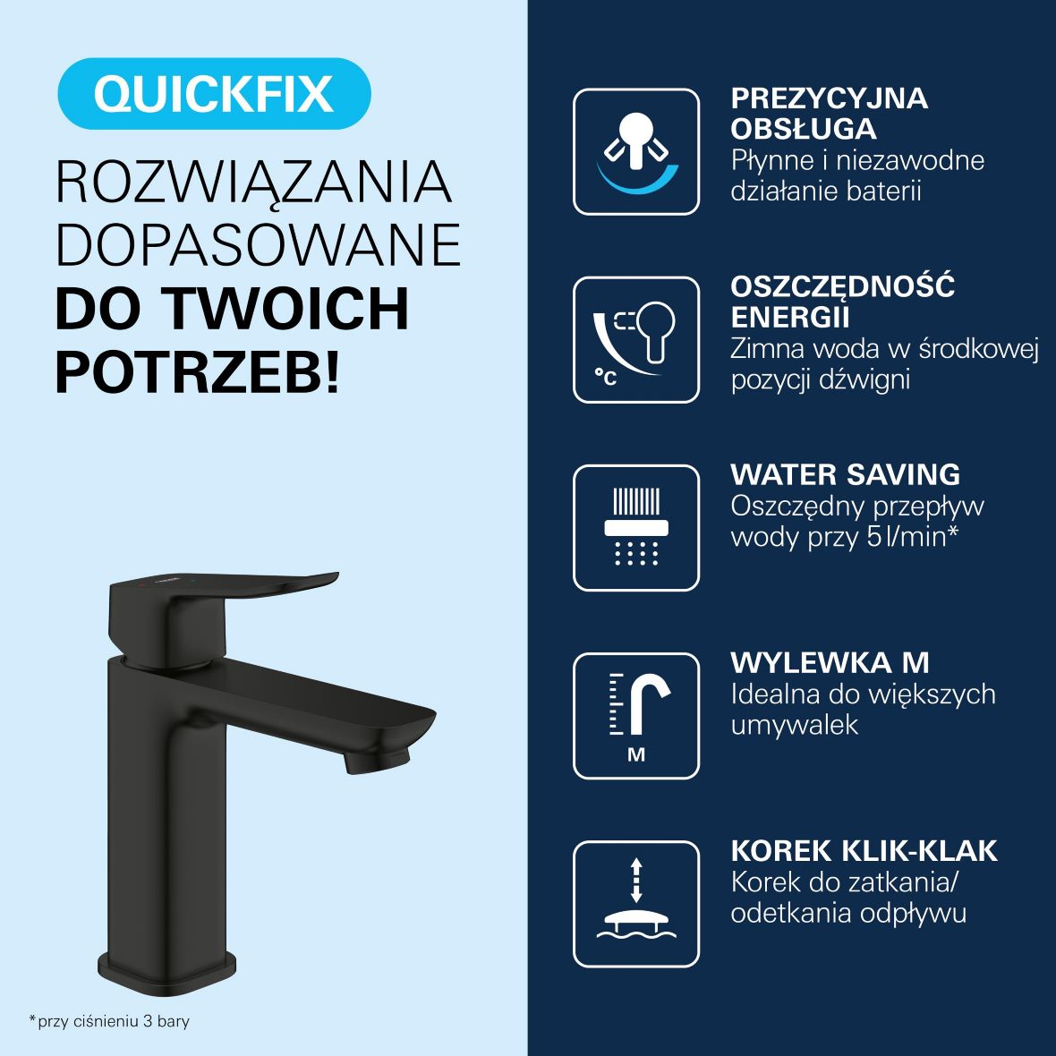 Grohe Dice bateria umywalkowa stojąca Cold Start czarny mat 1018362430