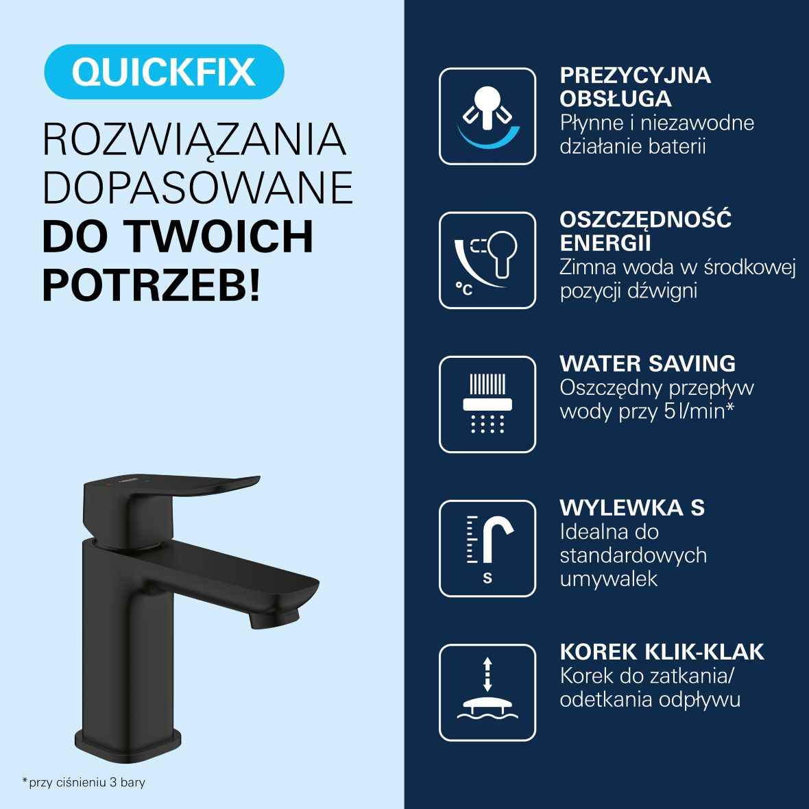 Grohe Dice bateria umywalkowa stojąca Cold Start czarny mat 1018612430