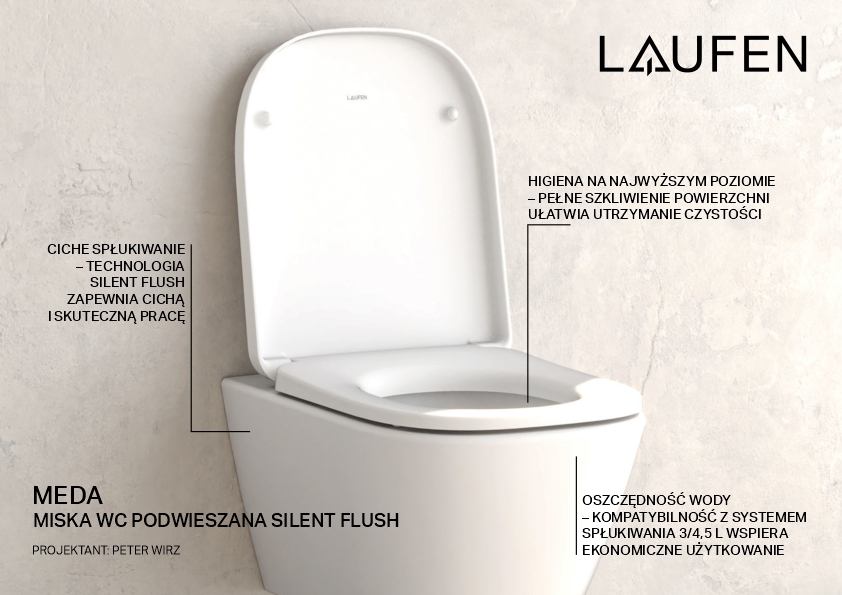 Laufen Meda miska WC wisząca bez kołnierza ze spłukiwaniem wirowym biały połysk H8201100000001
