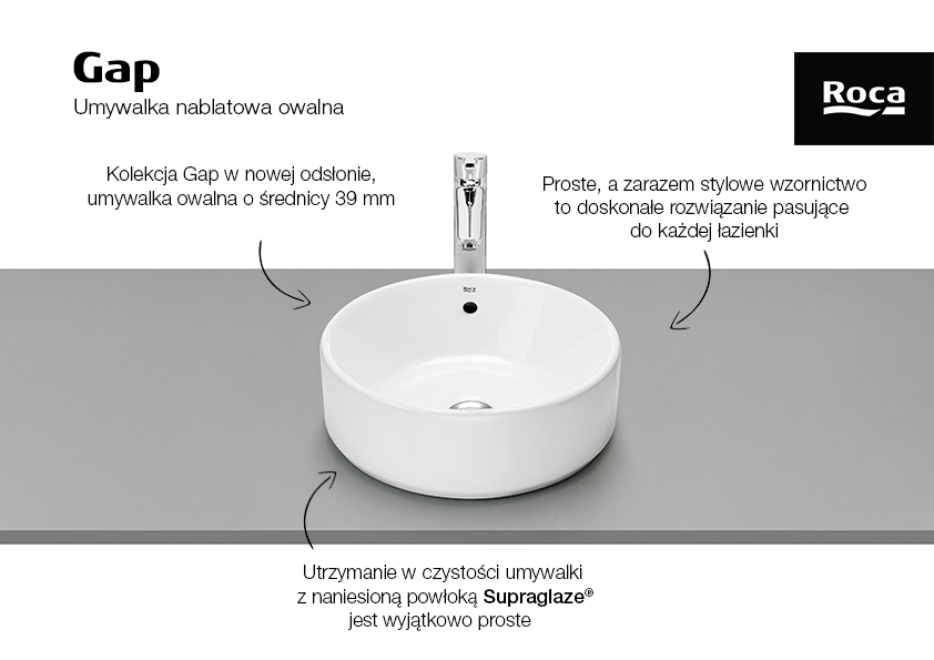 Roca Gap Round umywalka 39x39 cm okrągła nablatowa biała A3270MJS00