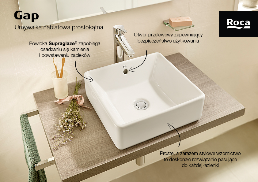 Roca Gap umywalka 39x37 cm prostokątna nablatowa biała A3270MLS00