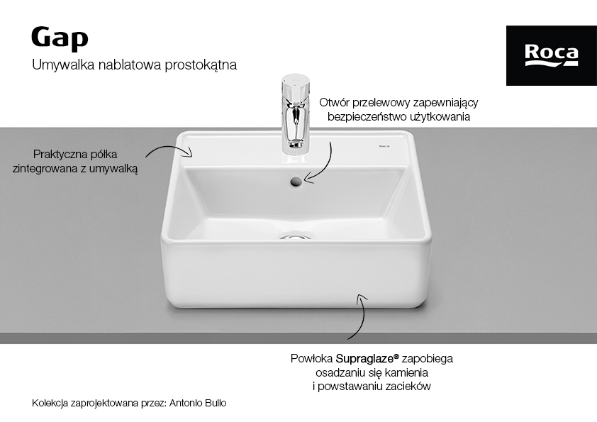 Roca Gap umywalka 42x39 cm prostokątna nablatowa biała A3270MMS00