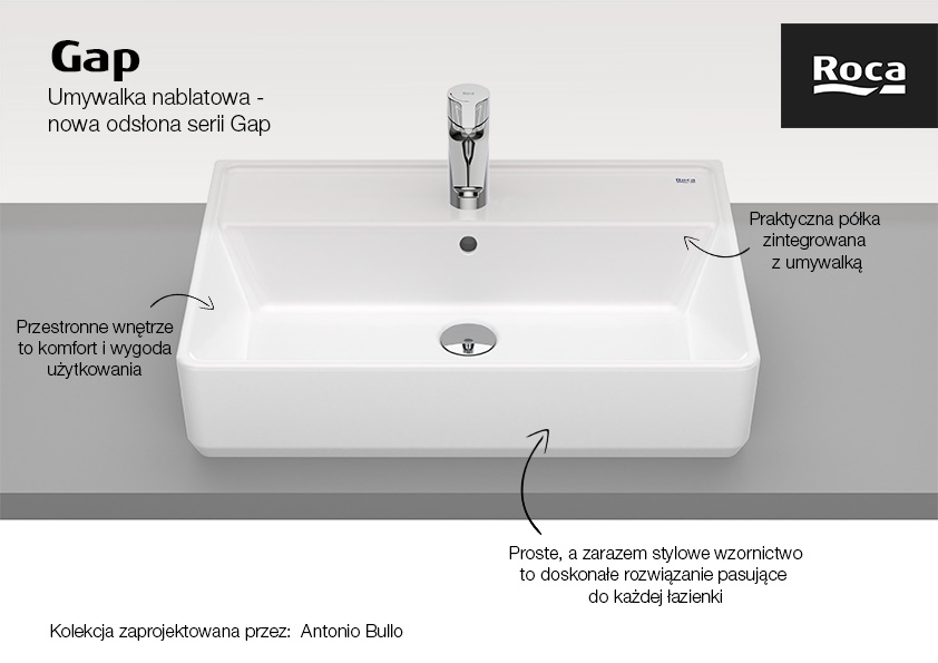 Roca Gap umywalka 60x42 cm prostokątna nablatowa biała A3270MN000