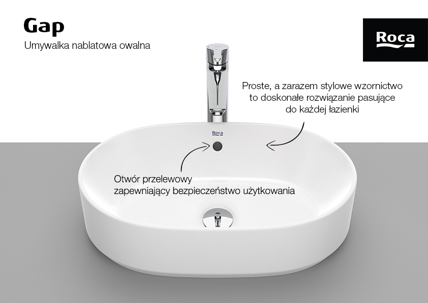 Roca Gap umywalka 55x39 cm owalna nablatowa biała A3270Y1000