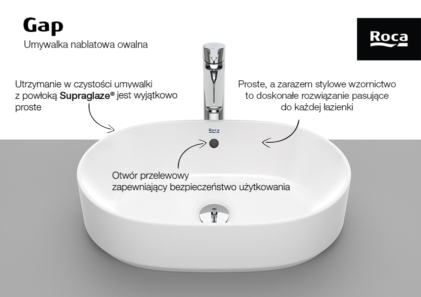 Roca Gap umywalka 55x39 cm owalna nablatowa biała A3270Y1S00