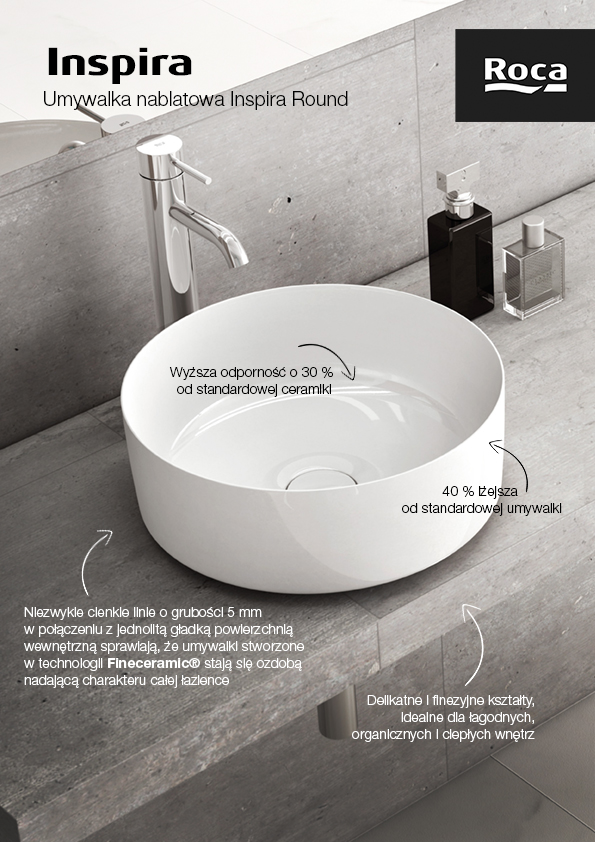 Roca Inspira umywalka 37x37 cm okrągła nablatowa biała A327523000