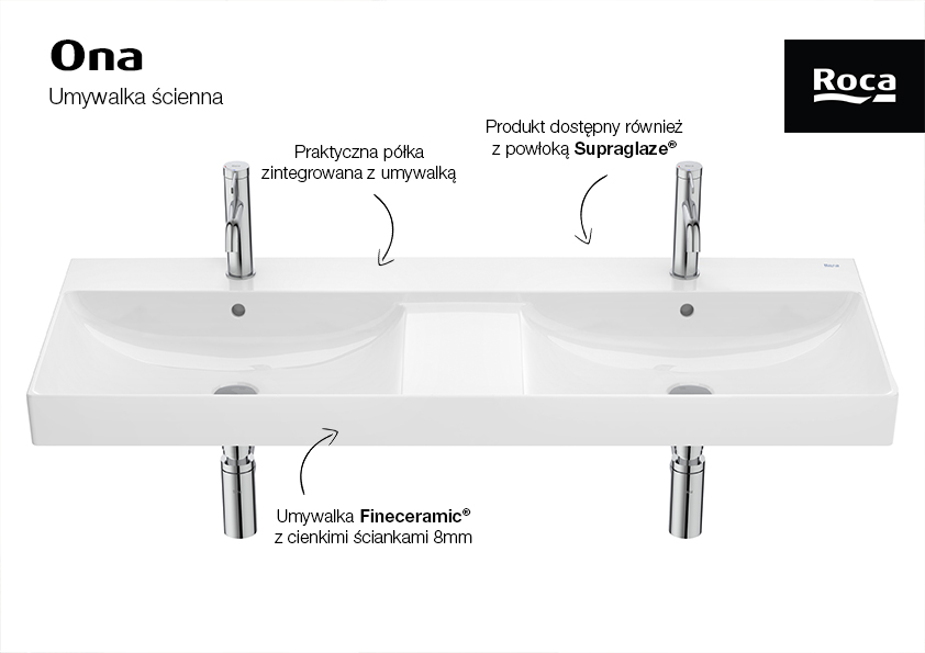Roca Ona umywalka 120x46 cm prostokątna podwójna biała A32768B000