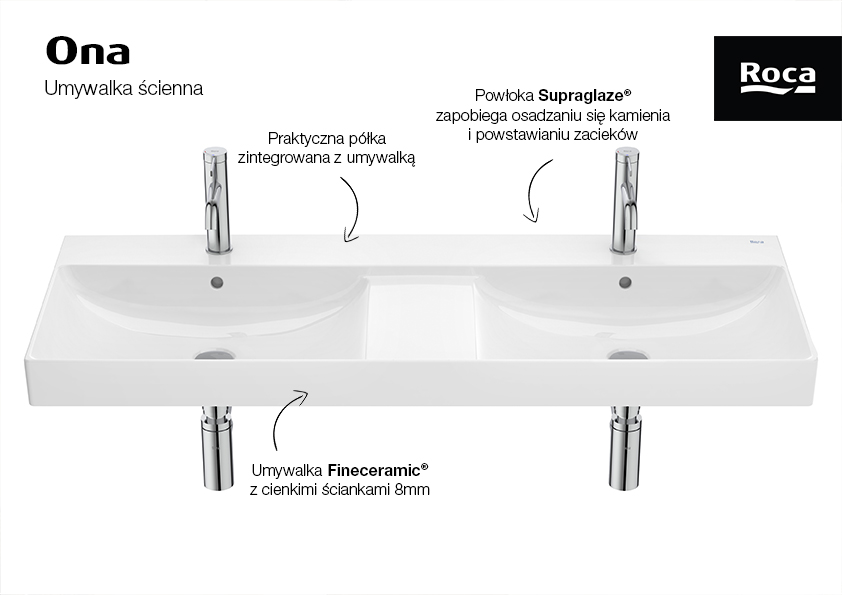 Roca Ona umywalka 120x46 cm prostokątna ścienna-podwójna biała A32768BS00