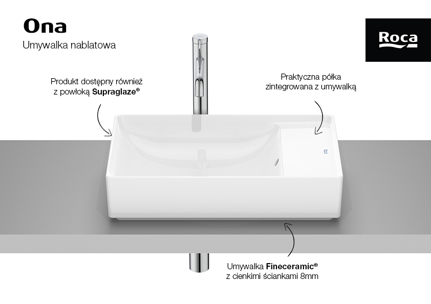 Roca Ona umywalka 55x34,5 cm prostokątna nablatowa biała A32768C000