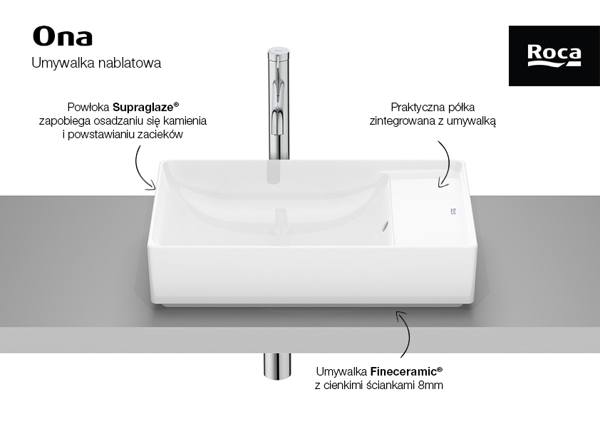 Roca Ona umywalka 55x34,5 cm prostokątna nablatowa biała A32768CS00