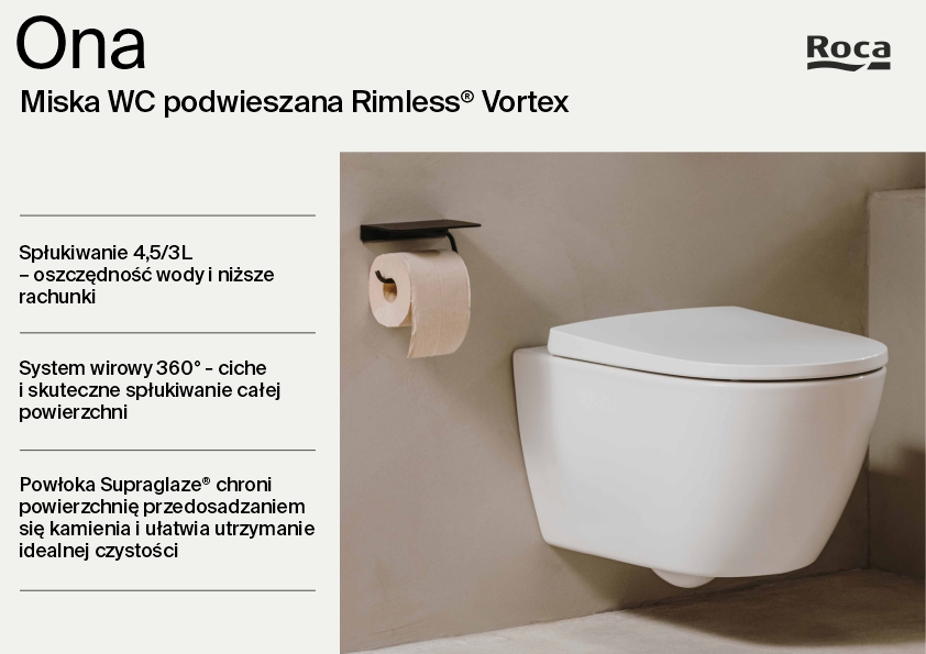 Roca Ona miska WC wisząca bez kołnierza ze spłukiwaniem wirowym biały połysk A34668CS00