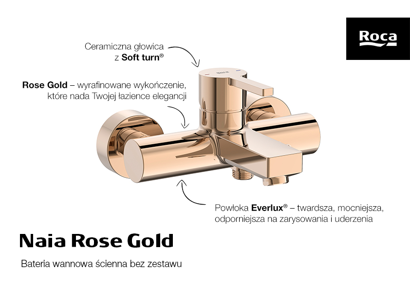 Roca Naia Rose Gold bateria wannowo-prysznicowa ścienna A5A0296RG0