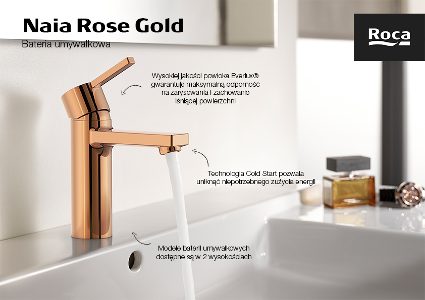 Roca Naia Rose Gold bateria umywalkowa stojąca złota A5A3A96RG0