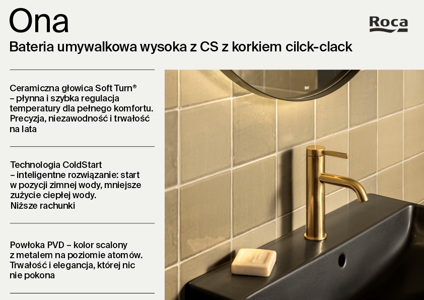 Roca Ona bateria umywalkowa stojąca Brushed Gold A5A3A9EVA0