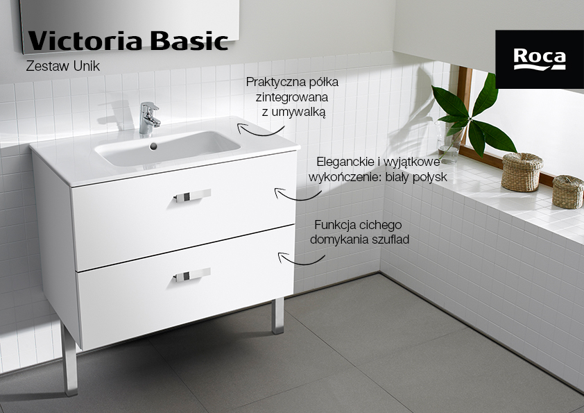 Roca Victoria Basic Unik zestaw łazienkowy 80 cm umywalka z szafką biały połysk A855852806