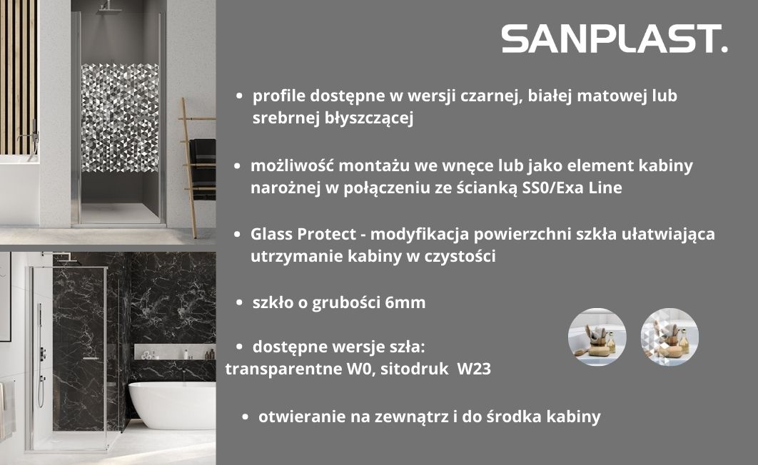 Sanplast Exa Line drzwi prysznicowe z profilem 90 cm uchylne biały mat/szkło przezroczyste 600-540-0750-24-401