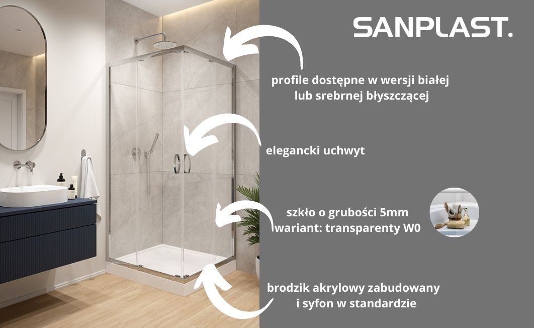 Sanplast Fris kabina z brodzikiem 90x90 cm kwadratowa srebrny połysk/szkło przezroczyste 602-330-1060-38-400
