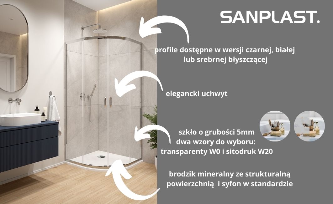 Sanplast Fris kabina z brodzikiem 80x80 cm półokrągła biały połysk/szkło przezroczyste 602-331-2250-01-400