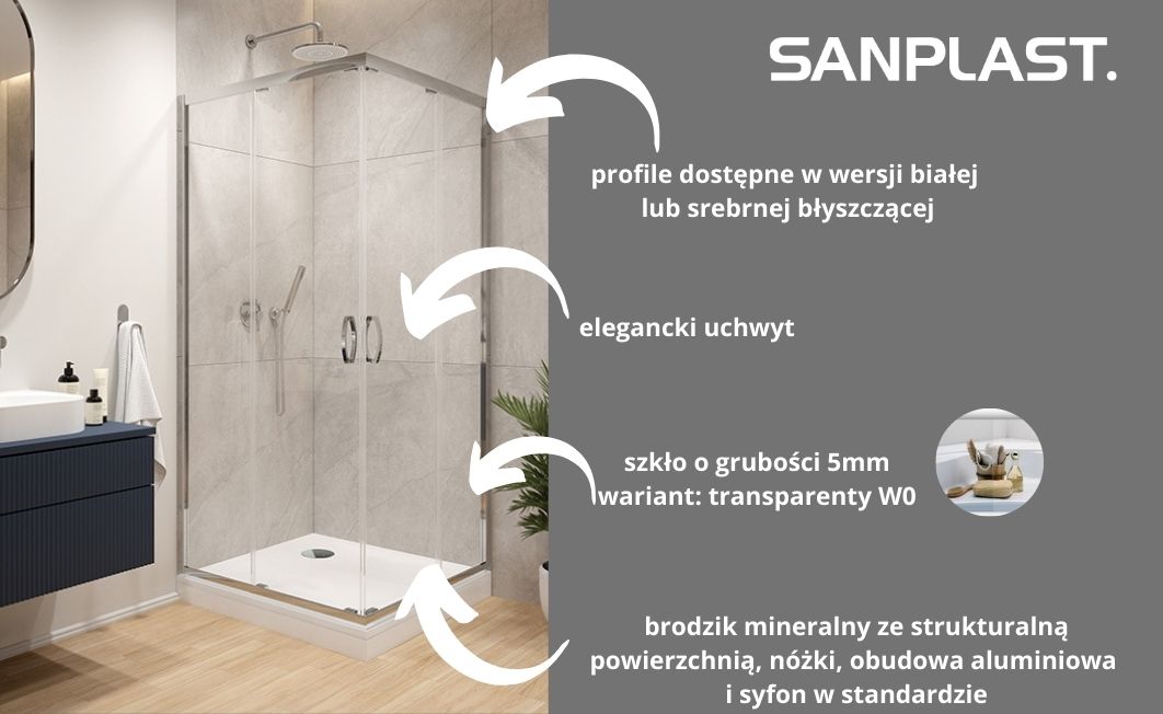 Sanplast Fris kabina z brodzikiem 90x90 cm kwadratowa biały połysk/szkło przezroczyste 602-330-3060-01-400